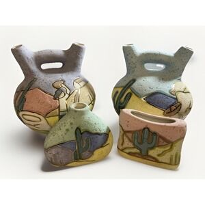 Vintage R. Gonza Hand Crafted Mexican Pottery Vases Set Of 4 Signed By Artist